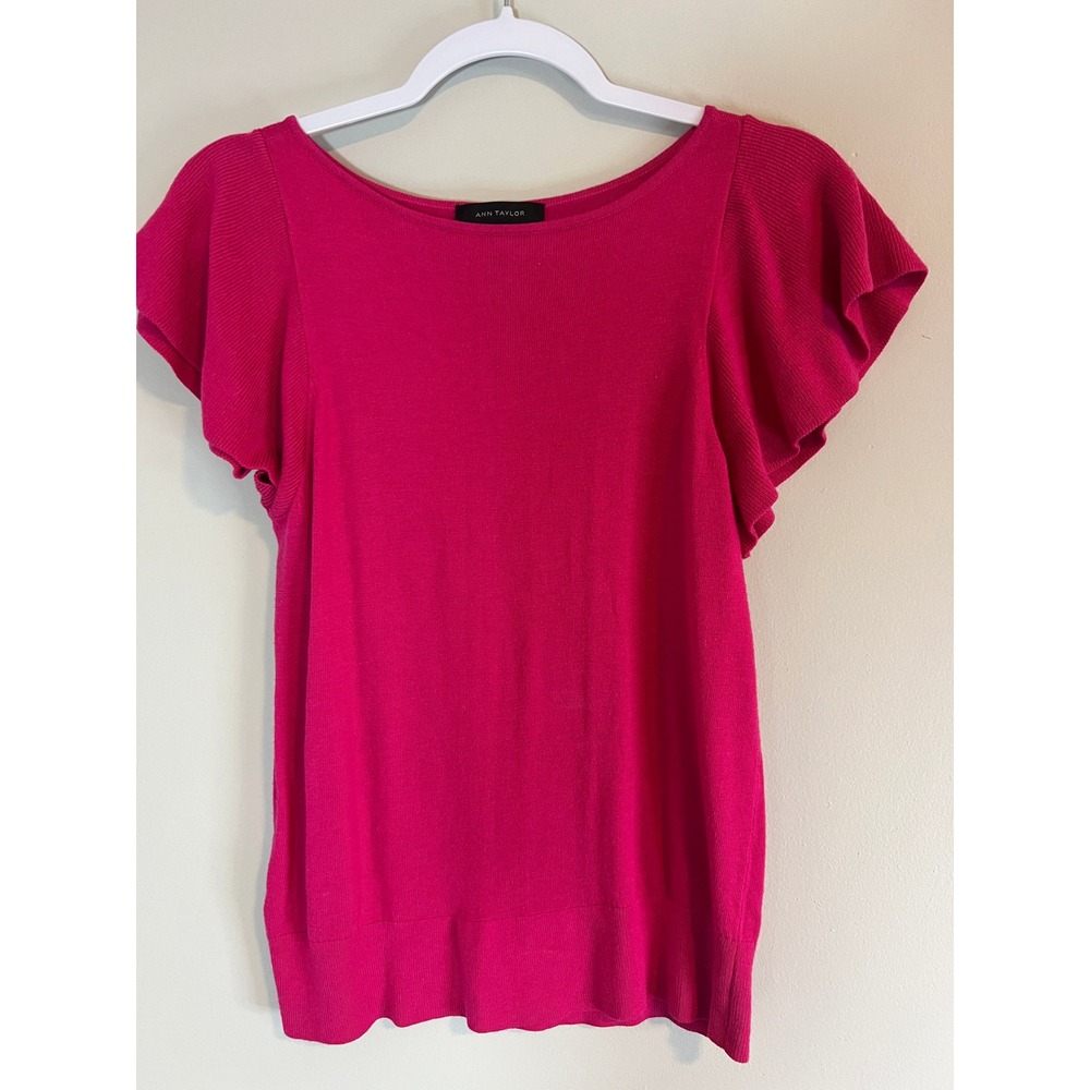 Ann Taylor Magenta Pink Flutter Sleeve Silk Blend Knit Sweater‎ Top Small